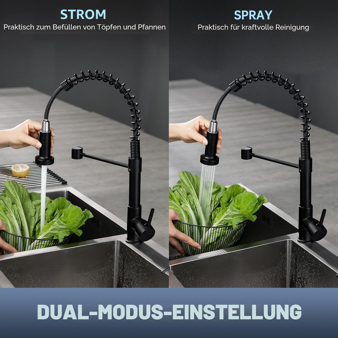 APPASO Wasserhahn Küche Schwarz, Hochdruck Küchenarmatur Schwarz mit Brause, Mischbatterie Küche mit