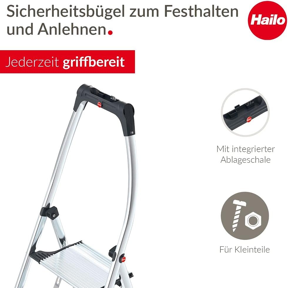 Hailo LivingStep Comfort Plus, Alu-Klapptritt, 2 Stufen, hoher Sicherheitshaltebügel, Füsse mit Soft