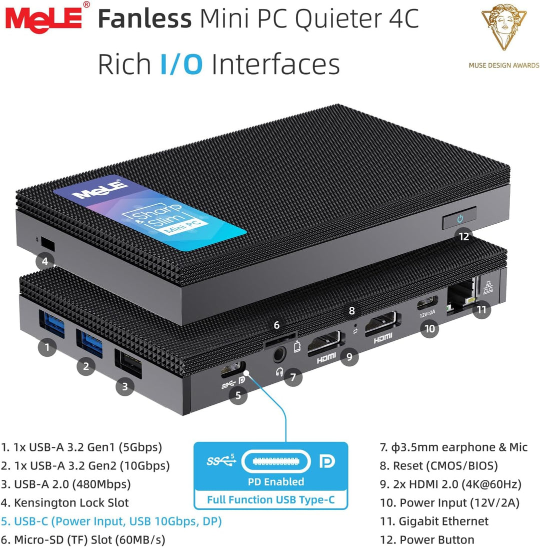 MeLE Mini PC Quieter 4C lüfterloser PC, N100 16GB RAM 512GB ROM, Win11 Pro, Vollfunktionsfähiges USB