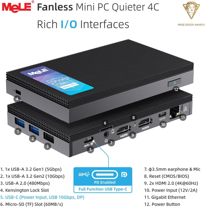 MeLE Mini PC Quieter 4C lüfterloser PC, N100 16GB RAM 512GB ROM, Win11 Pro, Vollfunktionsfähiges USB