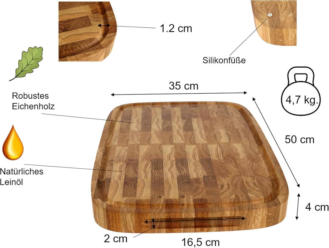B4K® 50x35x4cm Küchenbrett aus Eiche Stirnholz | Antibakterielles Hirnholzbrett mit Griffen, Silikon