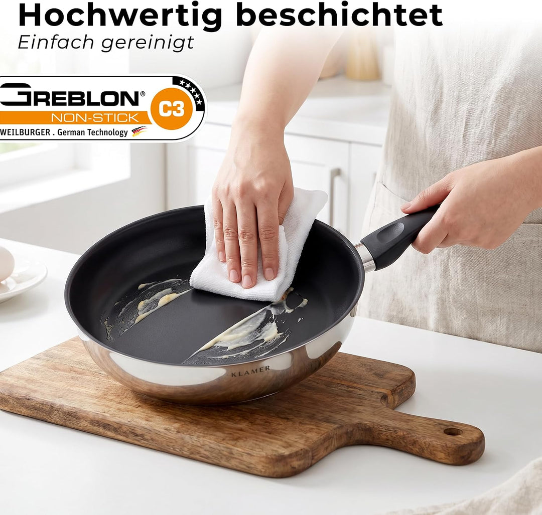 KLAMER Bratpfanne 28cm, antihaftbeschichtete Induktions-Pfanne, mit hohem Rand, Premium Beschichtung