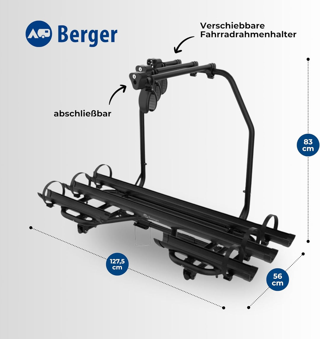 BERGER Fahrradträger Deichsel Wohnwagen | Premium 3XL Deichsel Fahrradträger für 3 Fahrräder bis 60k