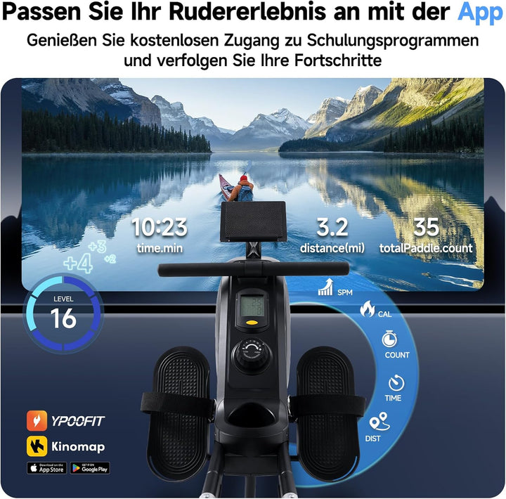 YPOO Rudergerät für Zuhause Klappbar, Magnetisches Rudergerät Leise, mit Exklusiver APP& LCD-Datenan