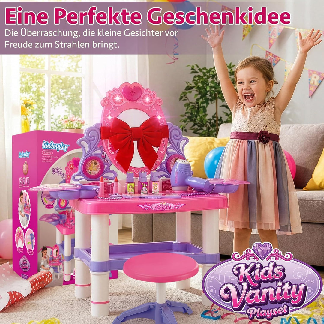 Kinderplay Rosa Schminktisch Kinder mit Zauberstab & Zubehör | Kinder Frisiertisch für Mädchen mit S