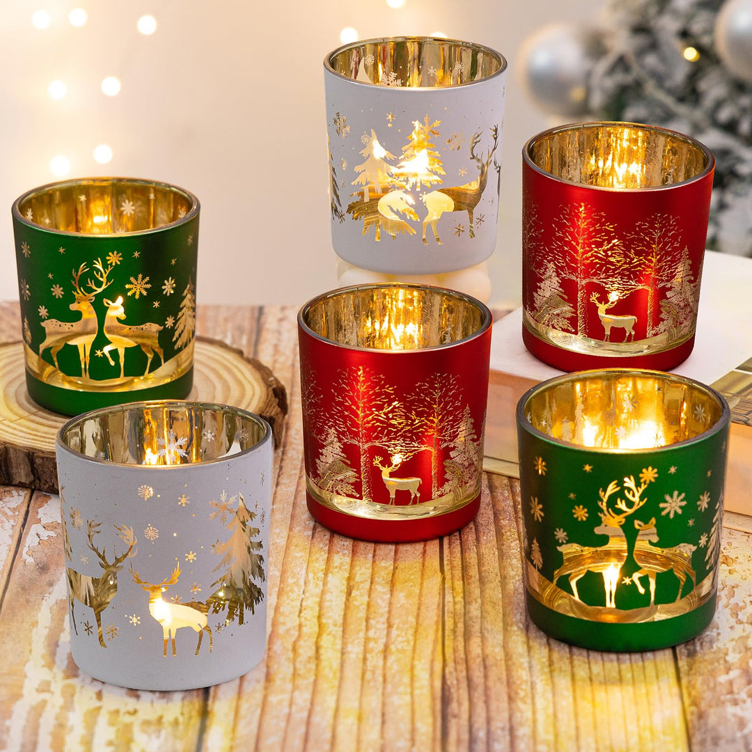 MJ PREMIER Weihnachten Teelichthalter, 6 Stück Kerzenhalter 7x7x8 cm, Xmas Windlicht, Teelichtgläser