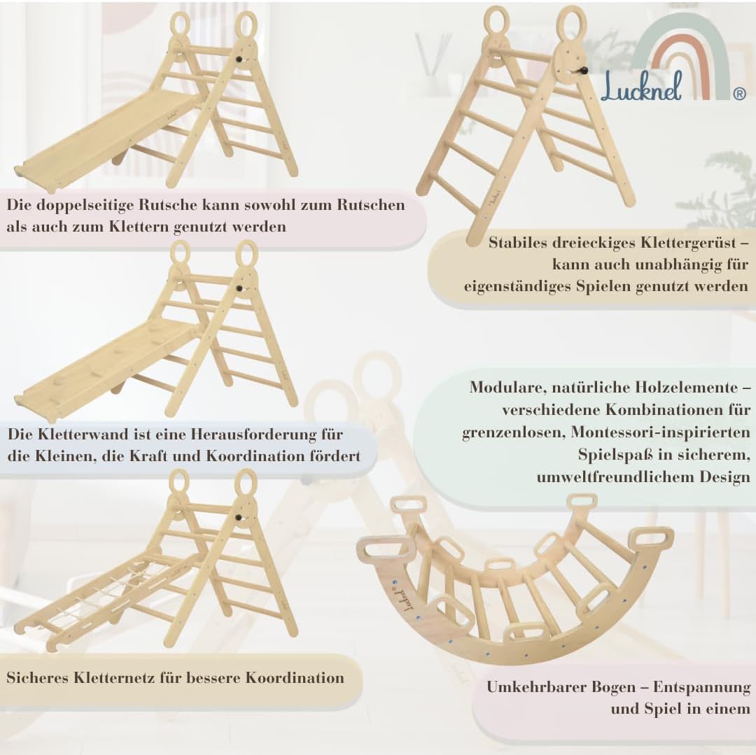 5-in-1 Montessori Klettergerüst Indoor Set – Pikler Dreieck, Kletterbogen, Kletternetz und Indoor Ru