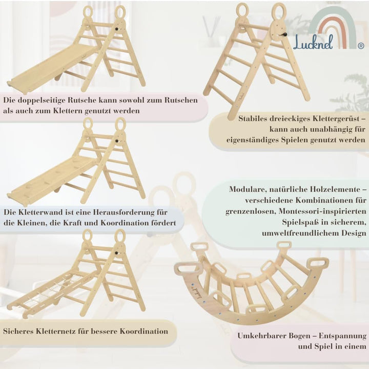 5-in-1 Montessori Klettergerüst Indoor Set – Pikler Dreieck, Kletterbogen, Kletternetz und Indoor Ru