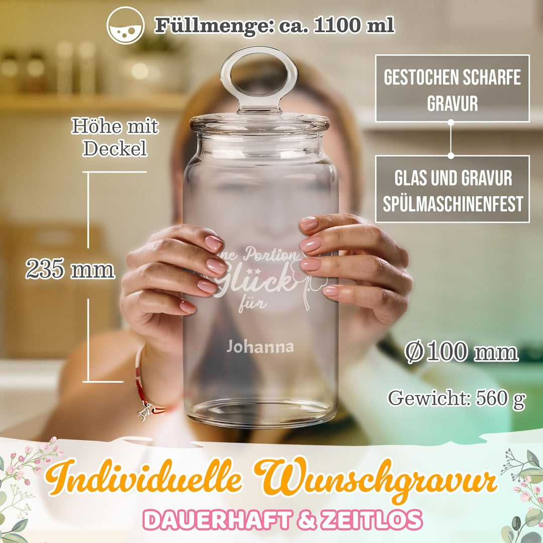 Print Royal PR Personalisierte Keksdose aus Glas mit Gravur - 1100 ml - Eine Portion Glück mit Name