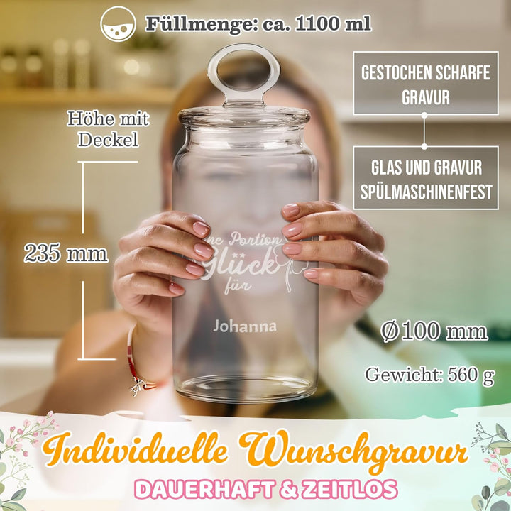 Print Royal PR Personalisierte Keksdose aus Glas mit Gravur - 1100 ml - Eine Portion Glück mit Name