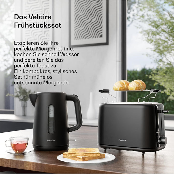 Klarstein Velaire Toaster Wasserkocher Set – 2 Scheiben Toaster mit 7 Bräunungsstufen, Brötchenaufsa