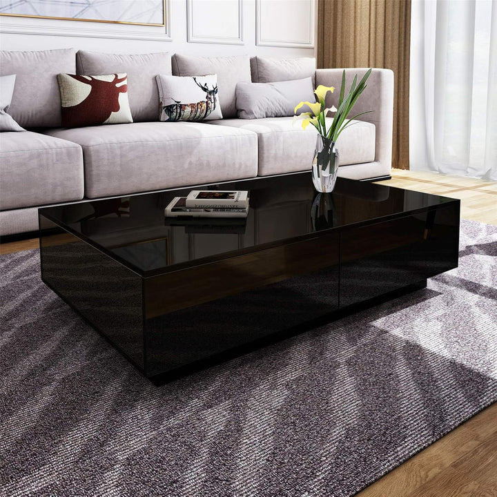 Couchtisch, Couchtisch mit Stauraum, schwarz glänzender Couchtisch für Wohnzimmer, rechteckiger Mitt