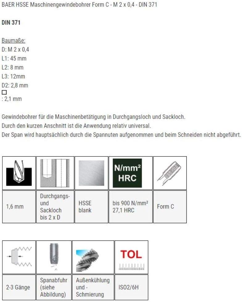 Baer Maschinengewindebohrer M2 Gewindebohrer HSSE - Form C Gewindeschneider - Grösse M 2 x 0,4 - DIN