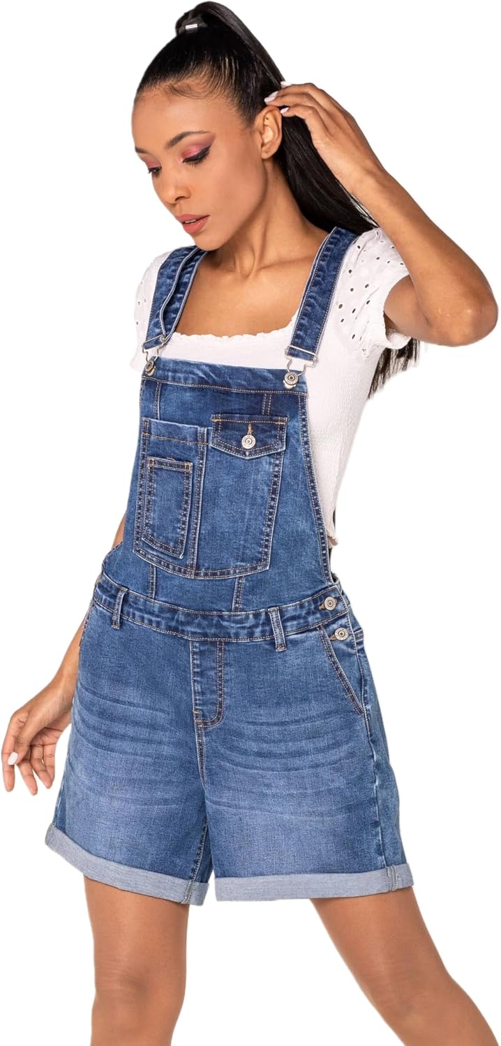 Nina Carter S511 Damen Jeans Latzshorts – Kurze Latzhose aus Denim mit Brusttaschen &amp; Knöpfen – Somm