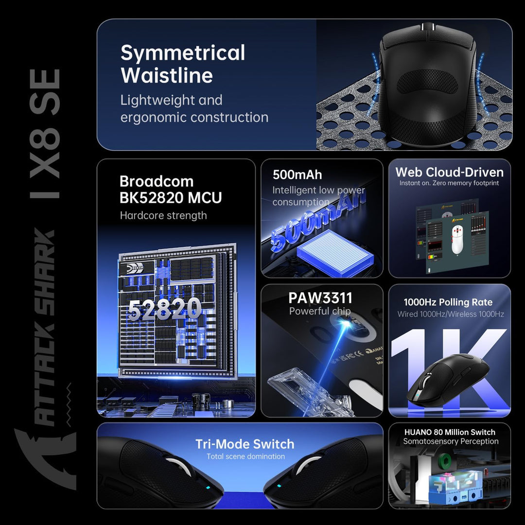 ATTACK SHARK X8SE Mouse with Grip Tape for Large Hand, 55g Superlight, PixArt PAW3311 Gaming Sensor,