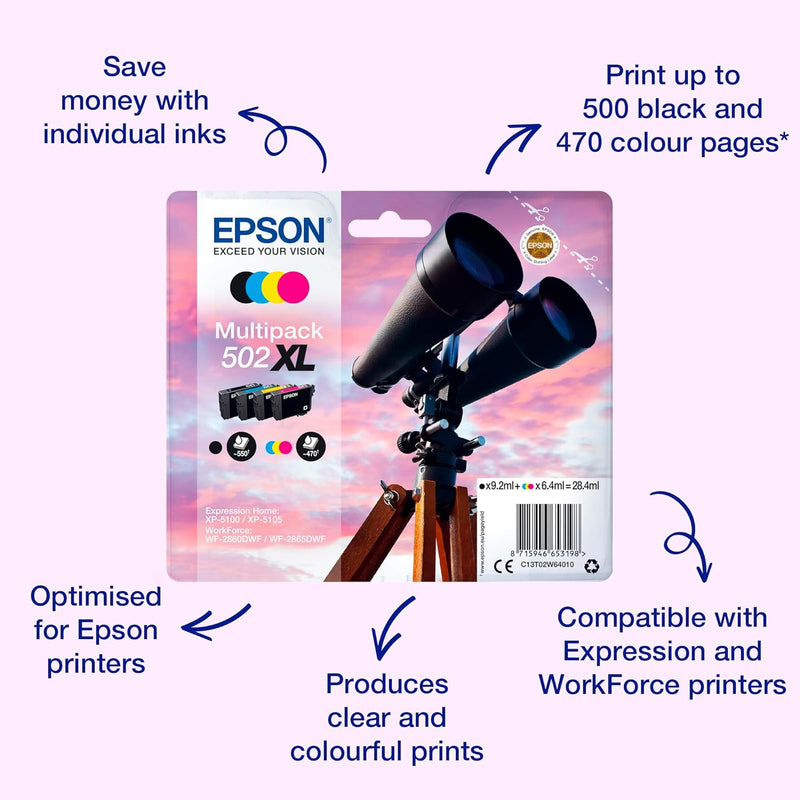 Epson Original 502XL Tinte Fernglas Multipack 4-farbig XL, XP-5100 XP-5105 XP-5150 XP-5155 WF-2860DW