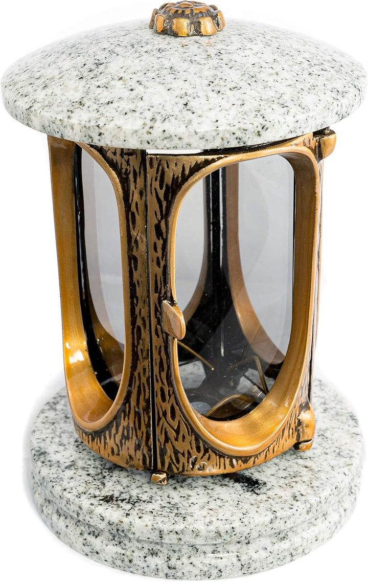 Stilvolle Grablaterne Elégant Granit Viscont White Höhe 23 cm/Ø 15 cm Grableuchte Grablicht Grablamp