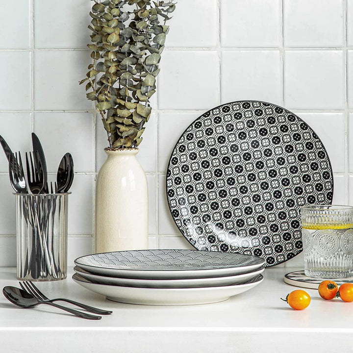 vancasso, Haruka 8 teilig Porzellan Speiseteller Set, Ø 26,5 cm Flachteller für Tafelservice, Schwar