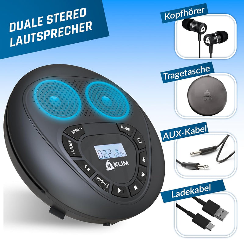 KLIM Speaker + CD Player mit Lautsprecher + Bluetooth + Wiederaufladbarer Akku + Tragbarer CD-Spiele