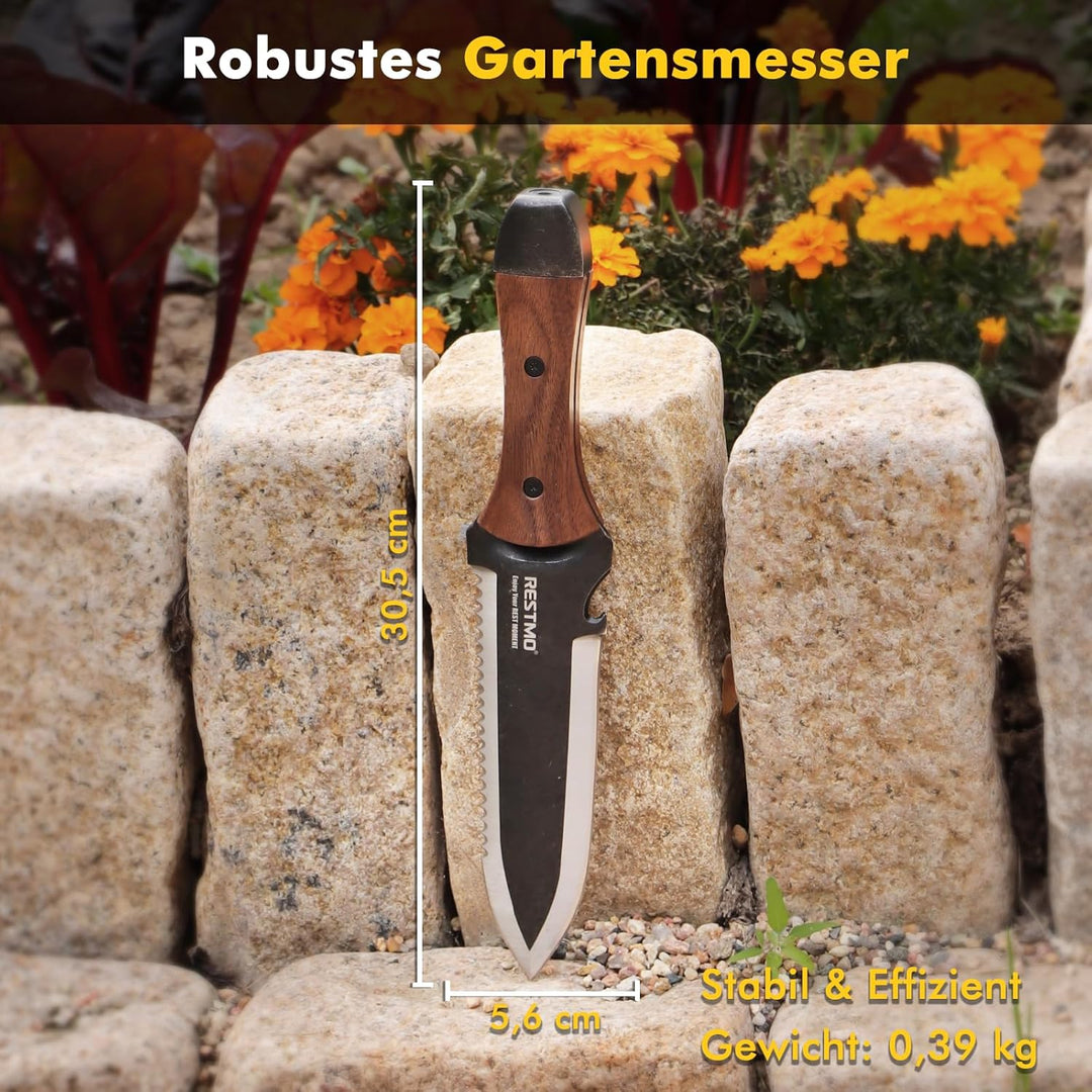 RESTMO Hori Hori Gartenmesser, Doppelseitige Edelstahlklinge mit Sägezahnung, Tiefenskala & Nylonsch