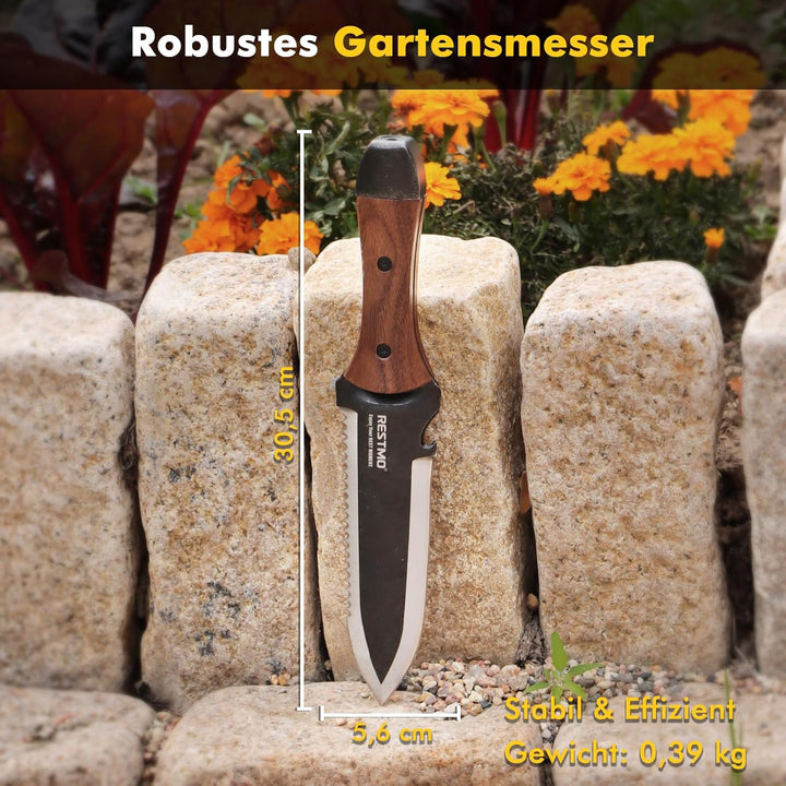 RESTMO Hori Hori Gartenmesser, Doppelseitige Edelstahlklinge mit Sägezahnung, Tiefenskala & Nylonsch
