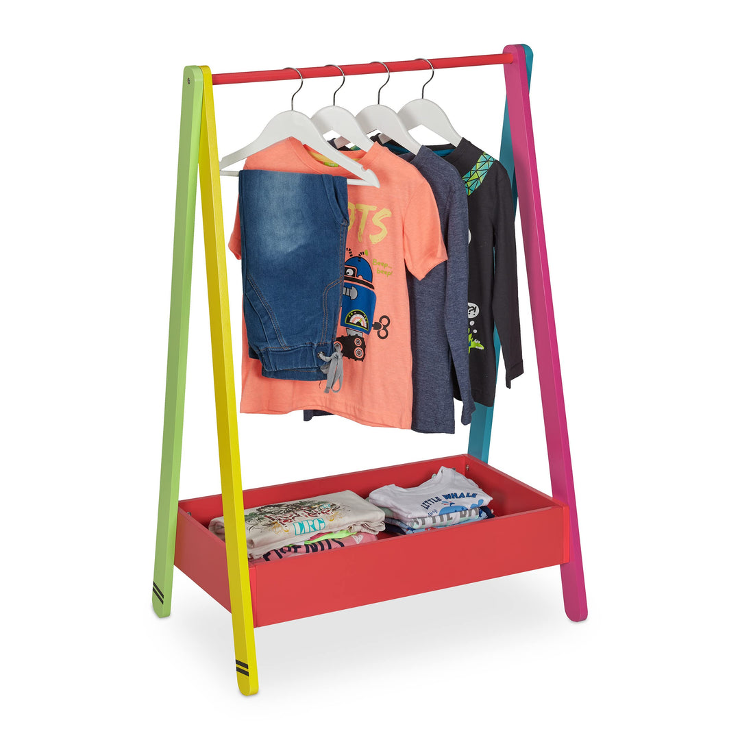 Relaxdays Kinder Kleiderständer, Kleiderstange für Kinderzimmer, mit Ablage, HBT: 99x64,5x42 cm, Kin