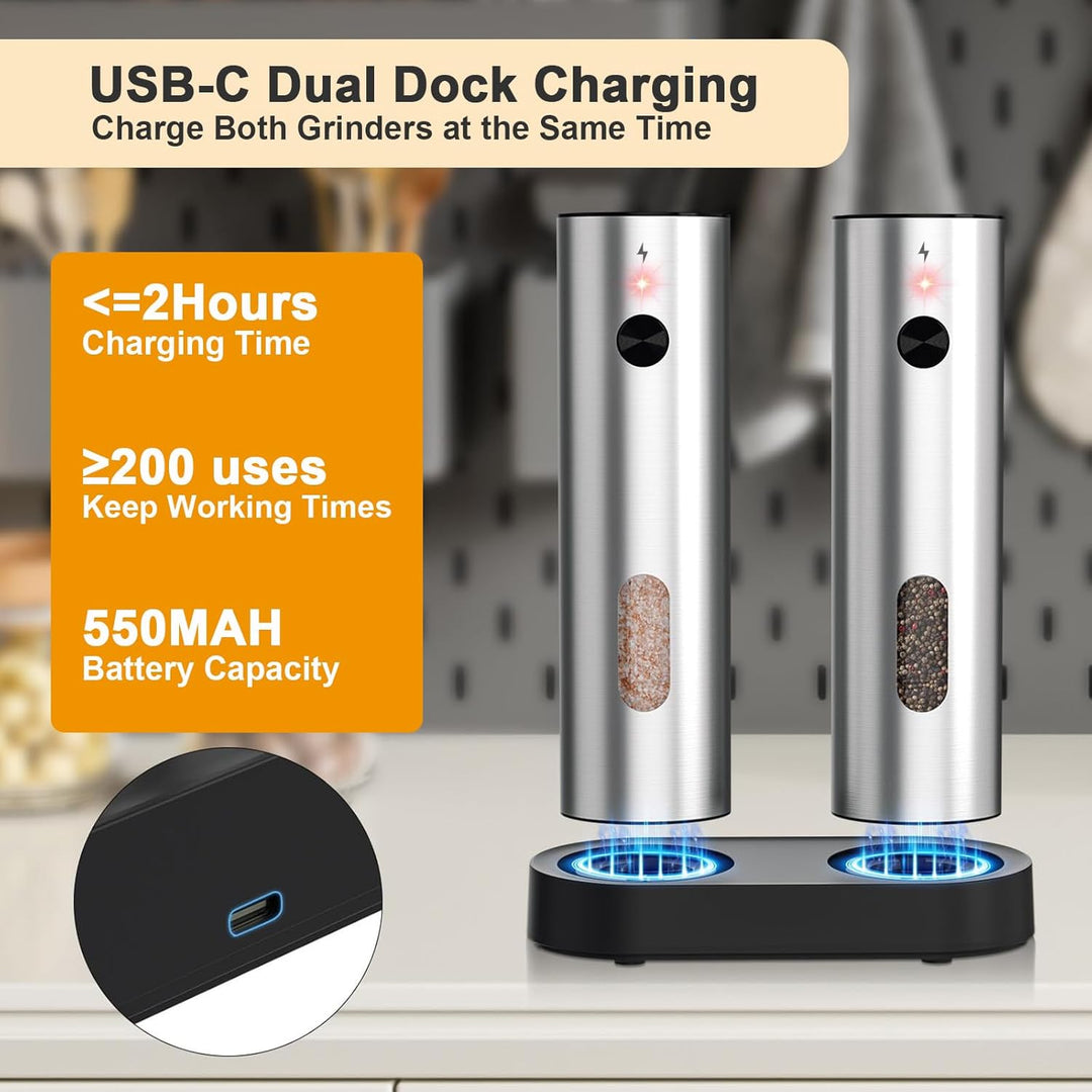 Elektrische Salz und Pfeffermühle Set, SINZONeu® Edelstahl Mühlen mit USB-C Ladestation, 5 Stufen Ma