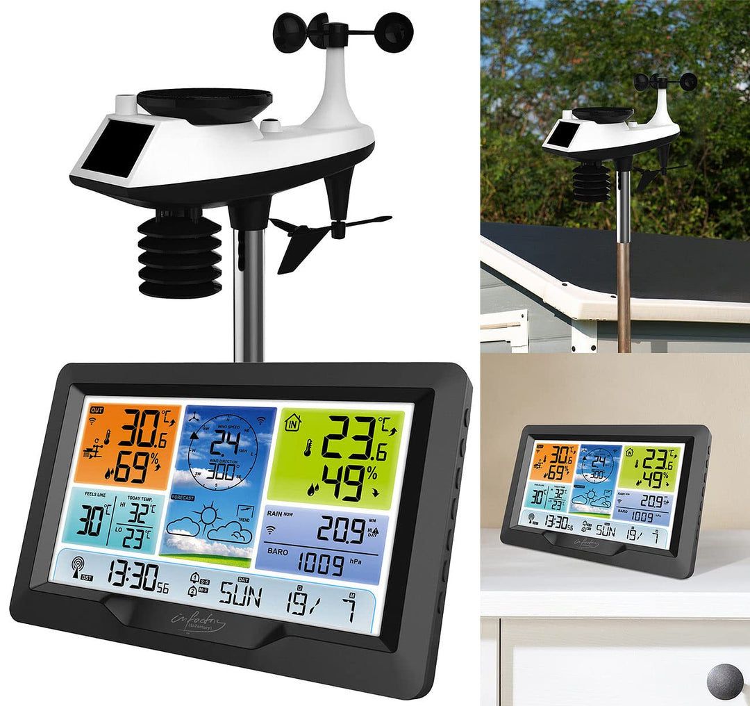 infactory Grosse Wetterstation XXL: Funk-Wetterstation mit XL-Farbdisplay, Aussensensor und Wecker (