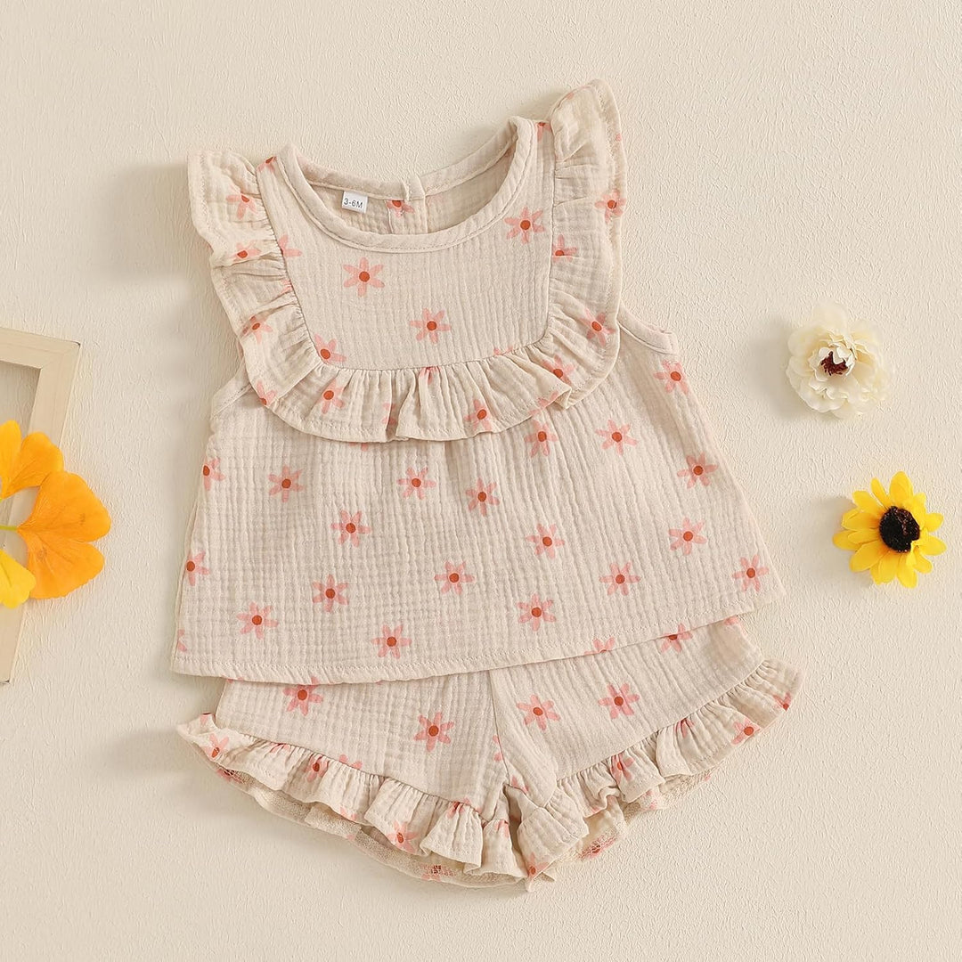 Baby Mädchen Musselin Kleidungset Kurzarm Oberteil+ Shorts Rüschen Babysets Schleife und Blumenmuste