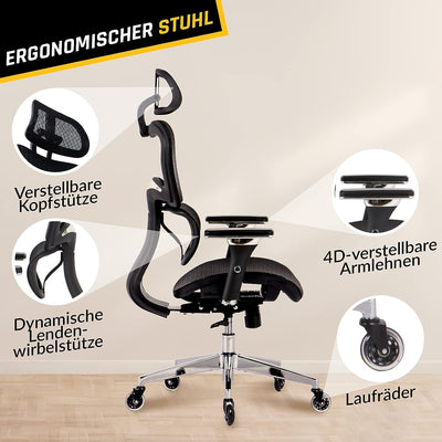 KLIM K800 Ergonomischer Bürostuhl - NEU 2023 - Ergonomischer Sitz mit dynamischer Lendenwirbelstütze