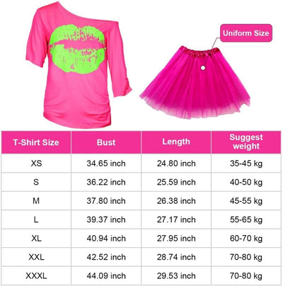 80er Jahre Outfit Damen Set, T-Shirt, Tutu, Gürteltasche, Stirnband, Ohrring, Halskette, Netzhandsch