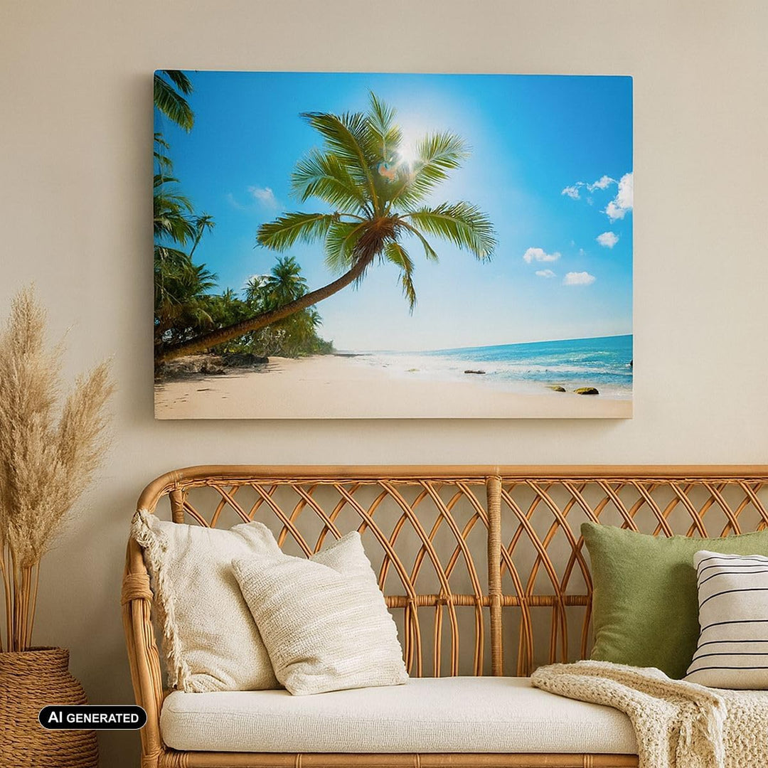 Bilder auf Leinwand 100x70cm Leinwandbild mit Rahmen Strand Palme Meer Gross Wanddeko Bild Schlafzim