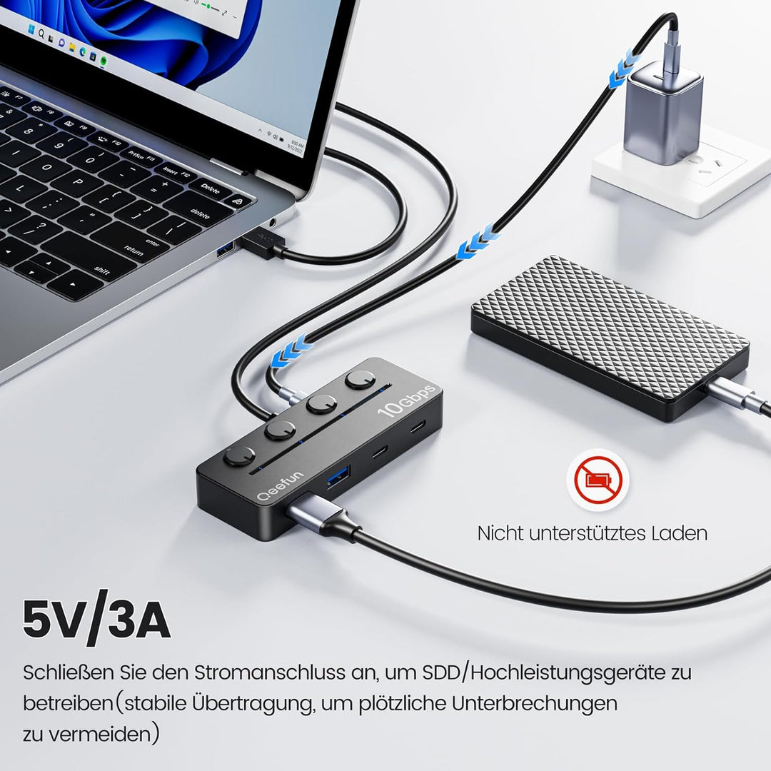 Qeefun 10Gbps USB Hub, 3.2 USB Hub mit 2 USB-C und 2 USB-A, USB 3.2 GEN 2 Splitter mit Type-C Power