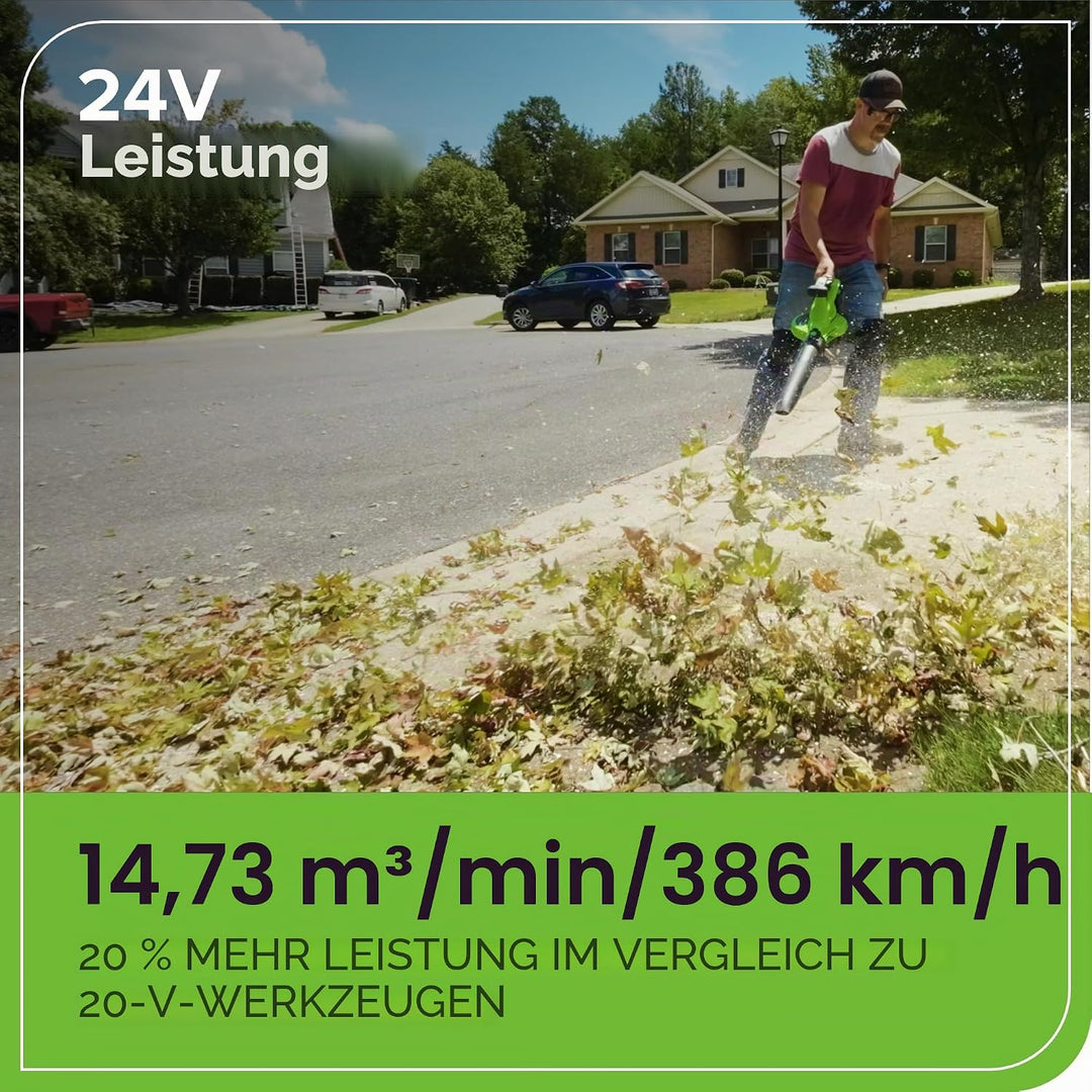 Greenworks 48V(24V x 2) Akku Laubsauger - Laubbläser mit Schultergurt, bürstenloser Motor, 386 km/h,