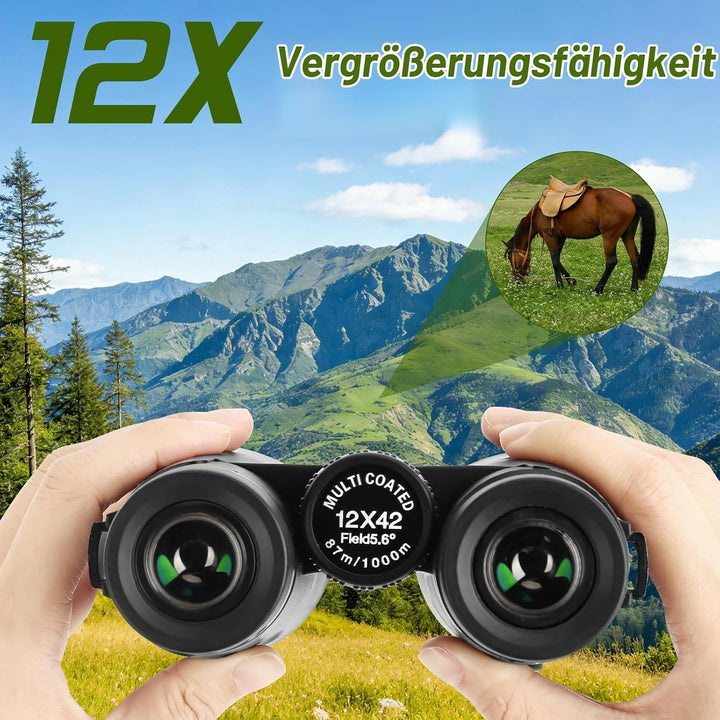 12x42 HD Fernglas Erwachsene, Kompakte Ferngläser wasserdicht feldstecher fernglas FMC-Linse Feldste