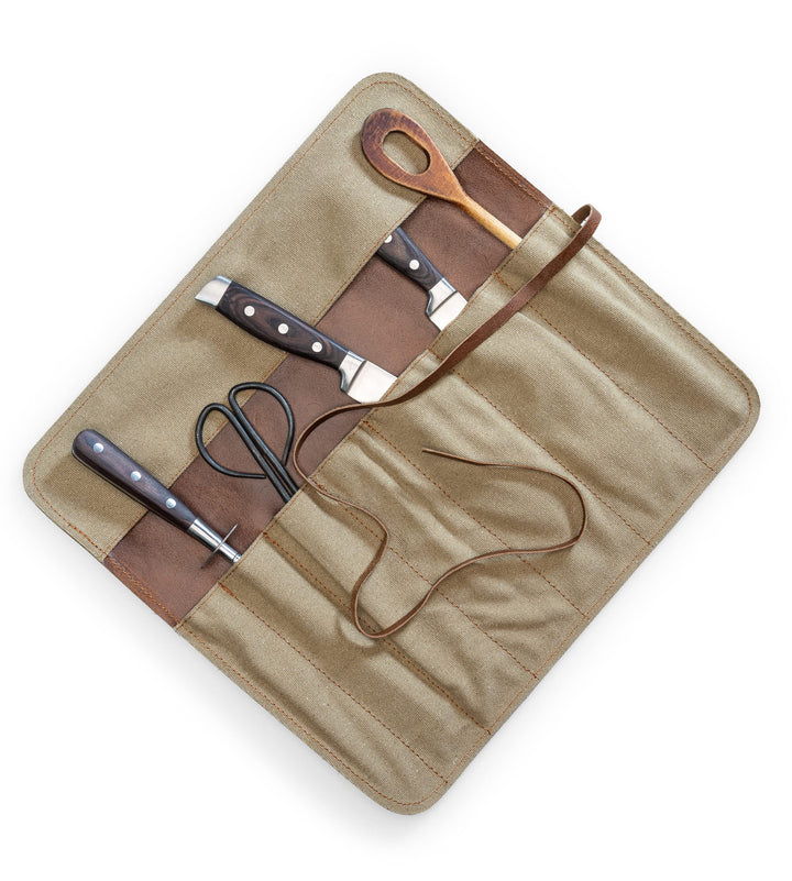 Angus Stoke Messertasche Kochmesser aus Canvas Tuch und Leder - Kochmesserrolle gross – Messer Tasch