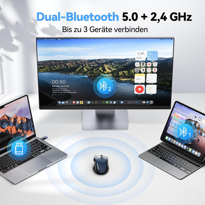 TECKNET Bluetooth-Maus, wiederaufladbare kabellose Maus für Laptop (Tri-Modus: BT 5.0/3.0 + 2.4G), 6