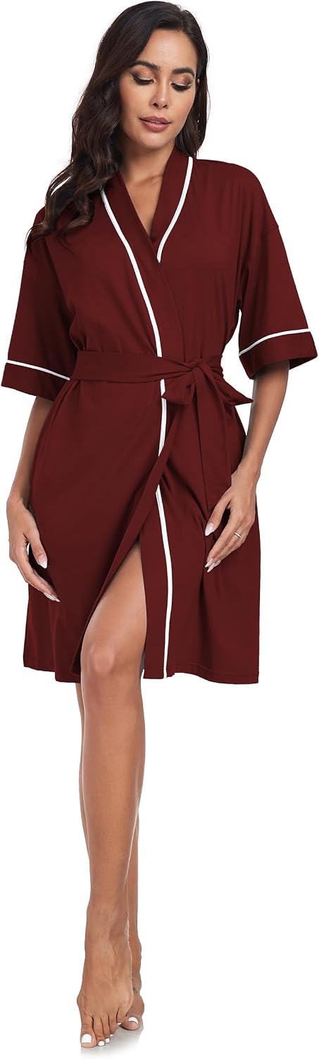COLORFULLEAF 100% Baumwolle Bademantel Damen Kurz Morgenmantel Leicht Knielang Kimono Saunamantel Na