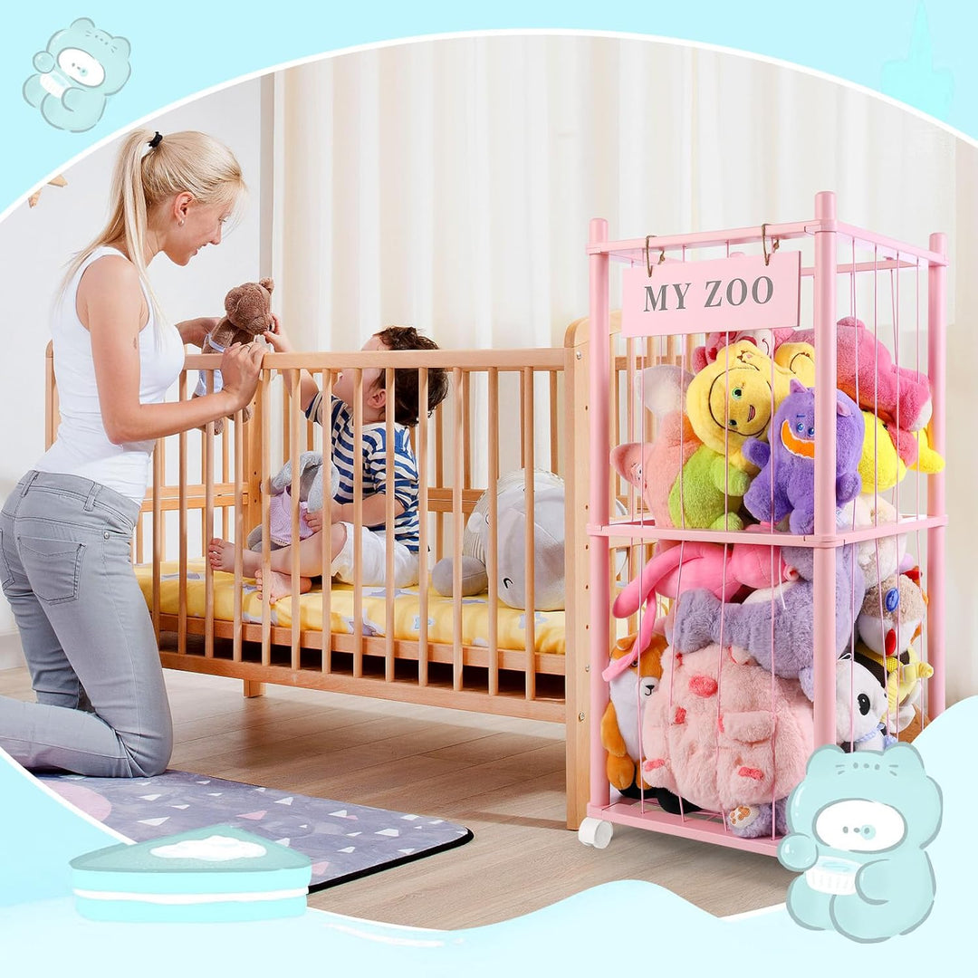 Massivholz Kuscheltier Aufbewahrung mit 360° Rollen & Bremse – inkl. Baumwollnetz, Plüschtier Organi