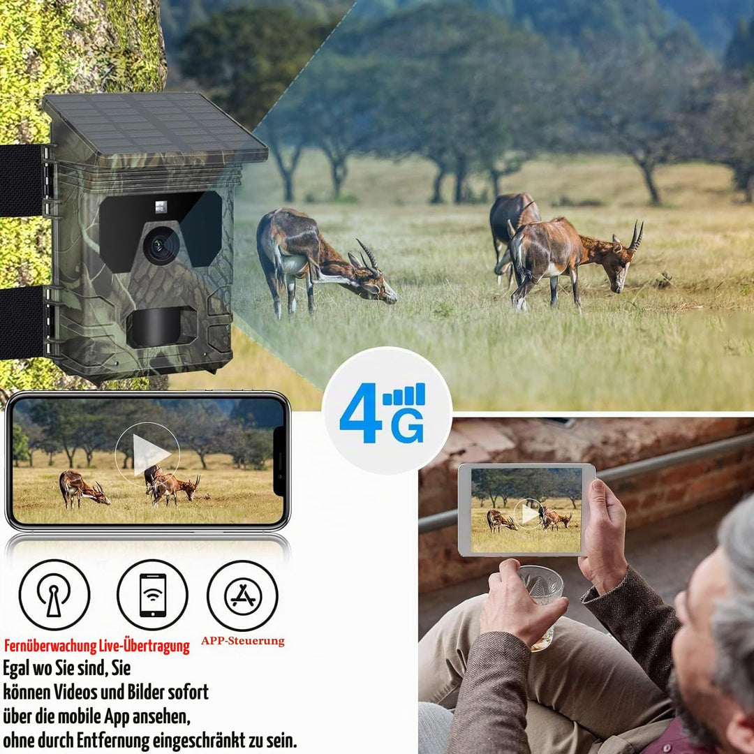 FunKind 4G Solar Wildkamera Handyübertragung App, 30MP 2K Wildtierkamera mit Nachtsicht Bewegungsmel