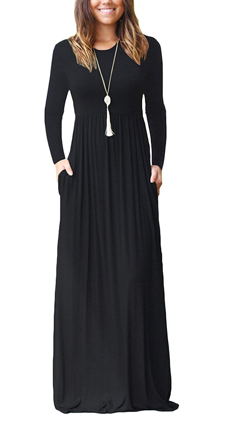 AUSELILY Damen Langarm Maxikleider Lässige Langkleider mit Taschen Winter, S Schwarz