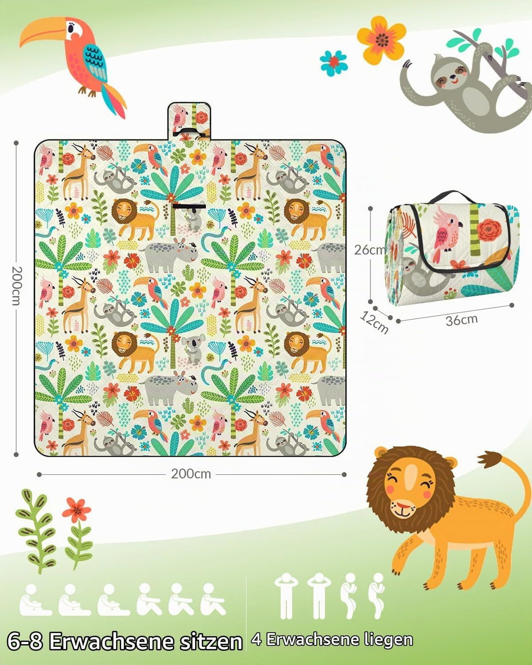 Extra gross Kinder Picknickdecke Wasserdicht 200 * 200cm, Strandmatte Campingdecke Gepolstert Faltba