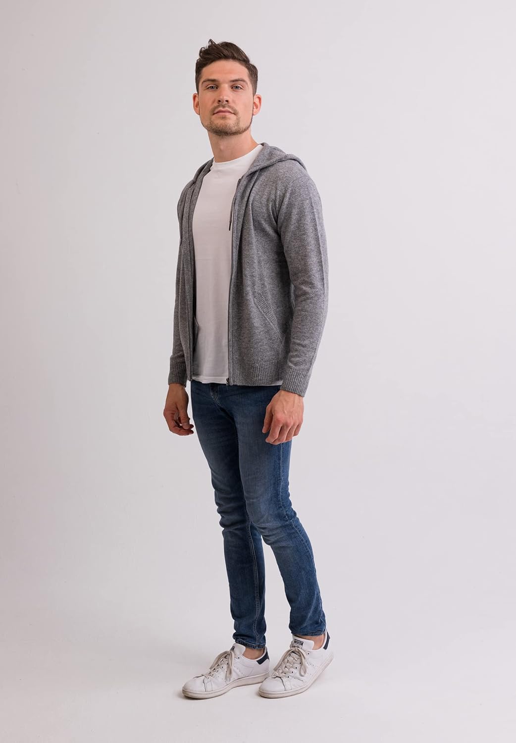 CASH-MERE.CH 100% Kaschmir Herren Kapuzenpullover | Hoodie mit Reissverschluss S Grau, S Grau