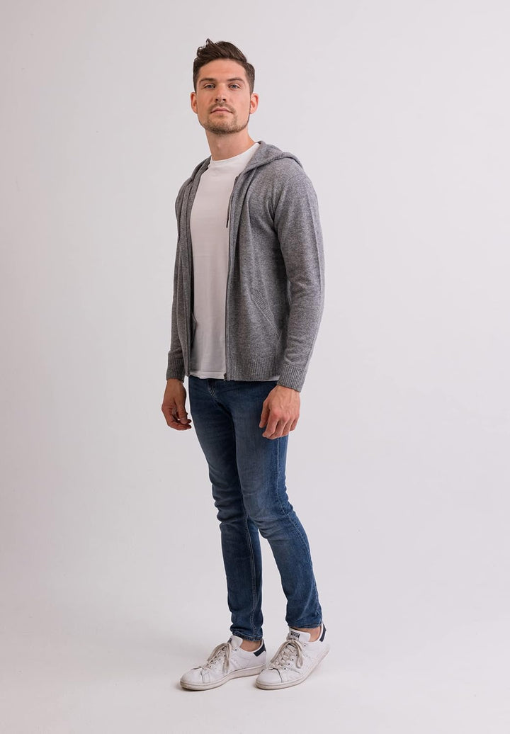 CASH-MERE.CH 100% Kaschmir Herren Kapuzenpullover | Hoodie mit Reissverschluss S Grau, S Grau