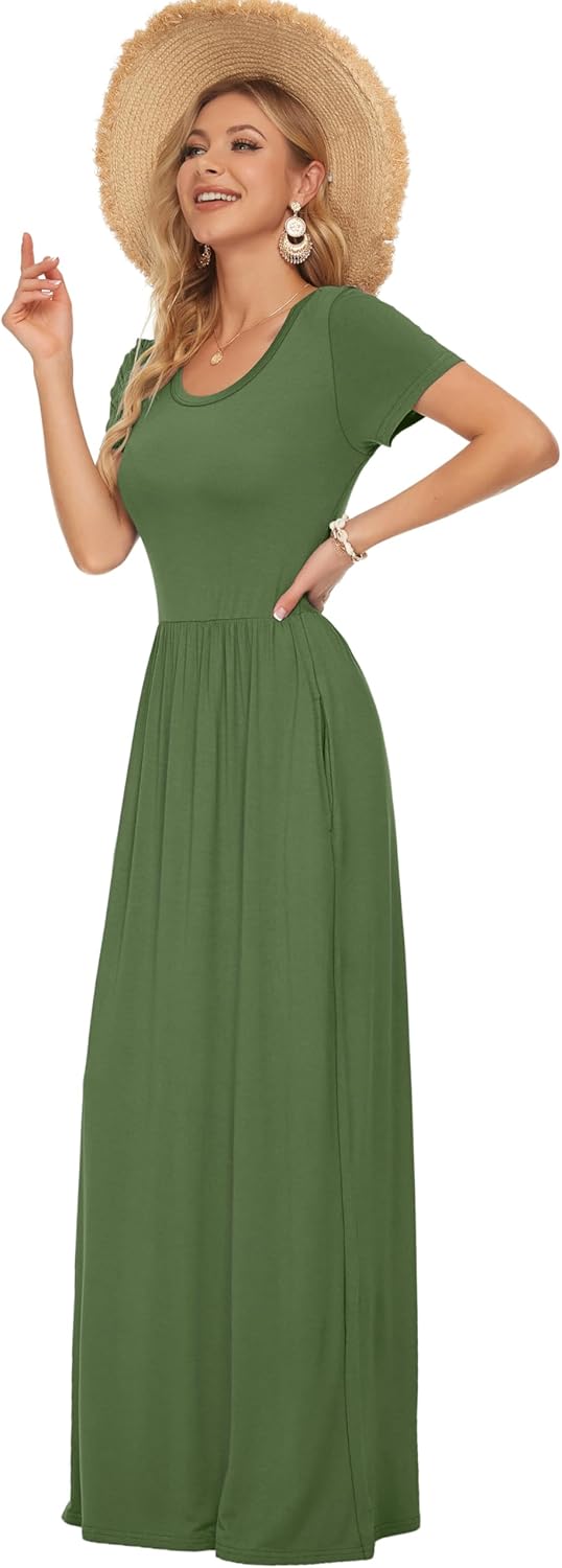 AUSELILY Damen Kurzarm Loose Casual Long Maxi Kleider mit Taschen Armeegrün L, Armeegrün L