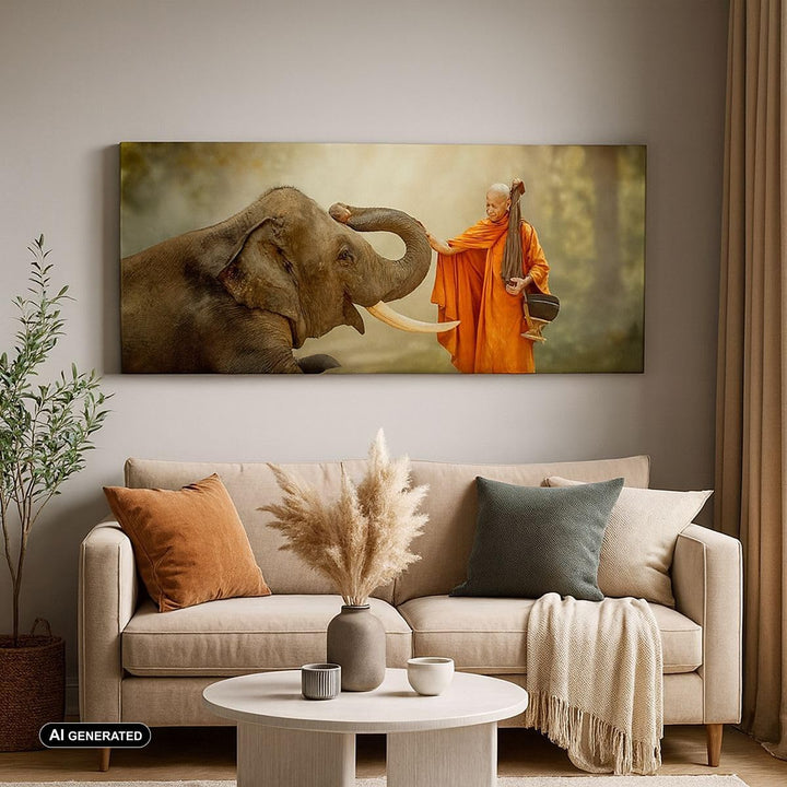 Wandbilder Dekoration Wohnzimmer Elefant Mönch Stosszahn Panorama Bilder auf Leinwand 120x50cm Leinw