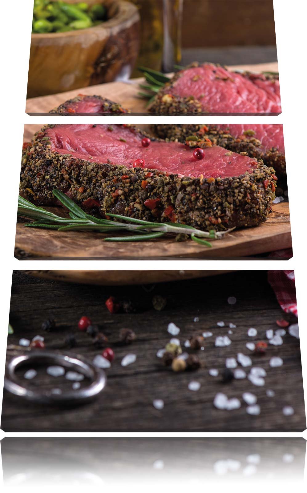 Pixxprint Leckeres Steak als Leinwandbild - Grösse: 3-Teilig (120x80cm) - Wandbild - Kunstdruck - fe