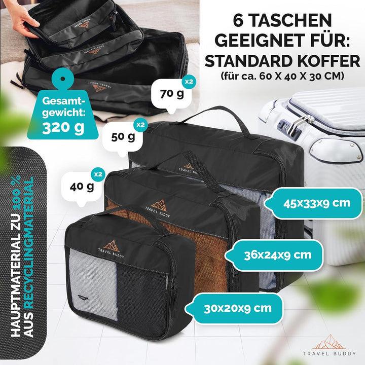 TRAVEL BUDDY® Koffer Organizer Set - 100% Recycling Material - Ultra leicht & waschbar - 6 Packtasch