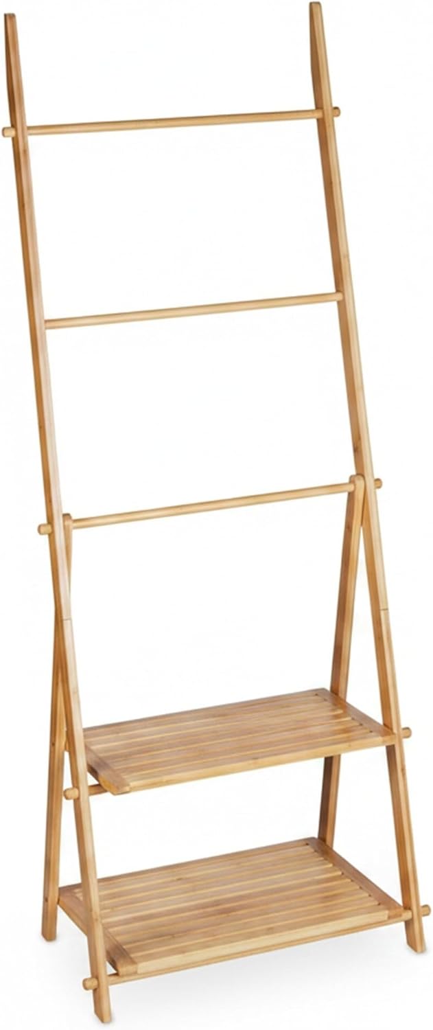 Relaxdays Handtuchleiter Bambus, 3 Stangen, 2 Ablagen, HBT: 134 x 53 x 31,5 cm, klappbar, Standhandt