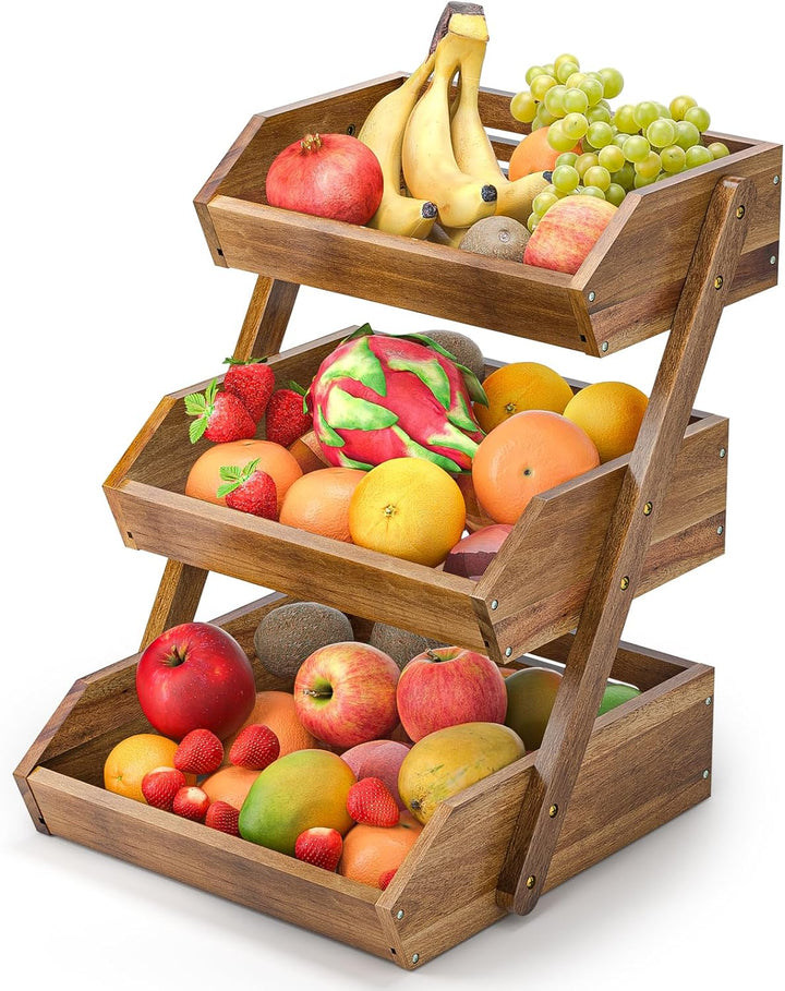 Obstkorb aus Akazienholz für Küchenarbeitsplatte–3 Etagen Abnehmbarer Obstständer Obstschalenhalter